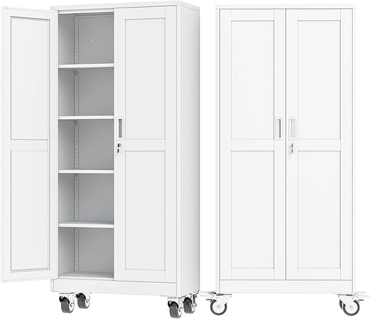 Ckzbx Metal Garage Storage Cabinet with Locking Doors and Adjustable Shelves,71" H Steel File Cabinet with Wheels for Garage,Office (White)