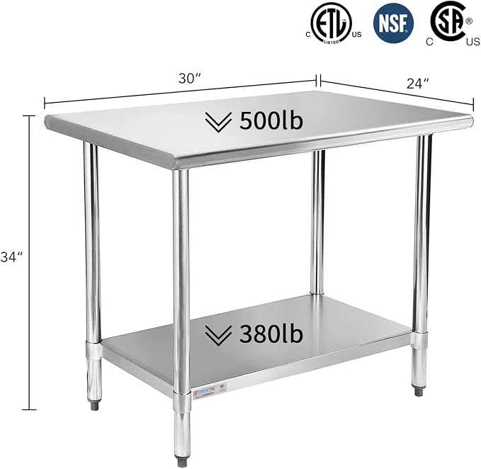 STABLEINK Stainless Steel Small Table with Undershelf 30”x24 for Prep | NSF Certified Heavy Duty Metal Work Table Workbench for Commercial Kitchen Restaurant Hotel Laundry Garage Chef Homemaker