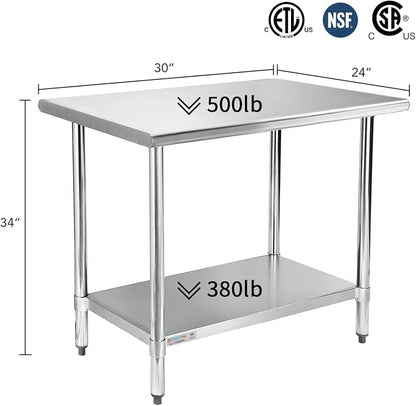 STABLEINK Stainless Steel Small Table with Undershelf 30”x24 for Prep | NSF Certified Heavy Duty Metal Work Table Workbench for Commercial Kitchen Restaurant Hotel Laundry Garage Chef Homemaker