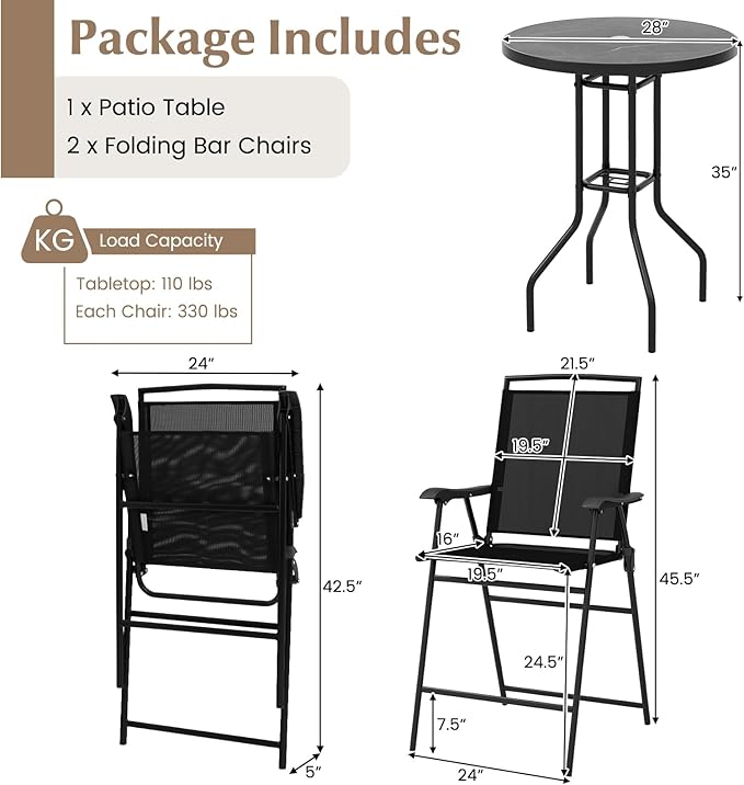 COSTWAY 3 PCS Patio Table and Chairs Set, Bistro Furniture with DPC Tabletop, Umbrella Hole, Outdoor Bar Set with Round Table and 2 Folding Counter Height Chairs for Poolside, Deck, Porch, Black