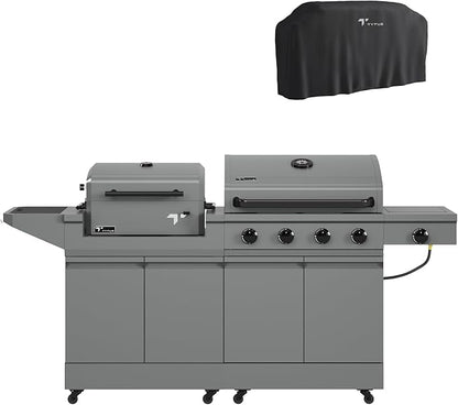 Tytus Anaheim 4-Burner Gas Grill with Prep Cart and Charcoal Grill + Cover - Modular Outdoor Kitchen, Quick Assembly, Outdoor Cooking, Kitchen Island for BBQ