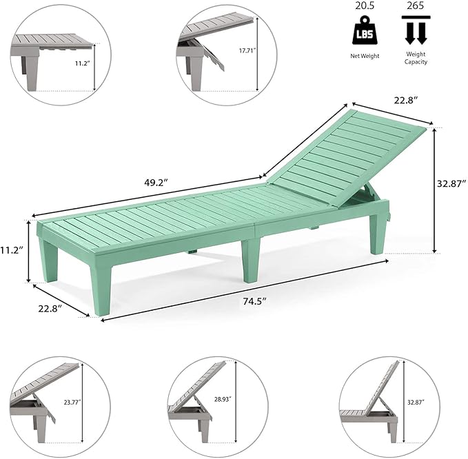 Nestl Sun Tanning Chair - Sage Green Chaise Lounge Chair Outdoor, Lightweight Pool Lounge Chairs Set of 4, Adjustable 5-Position Reclining Lawn Chair, Waterproof Beach Outdoor Lounge Chairs