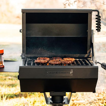 Ash & Ember Park-Style Grill/Smoker, 260 Sq In Charcoal Grill with Cover, 17.5"x11.5" Grate, Side Shelf for Food Prep, Single Post Permanent Park-Style Grill for Outdoor Backyard BBQ