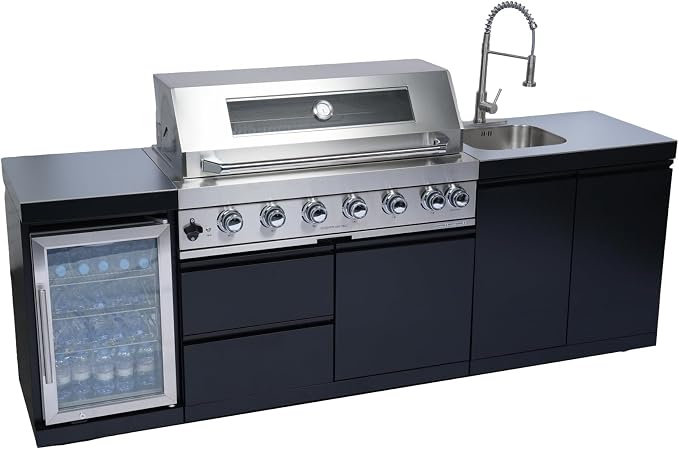 96" 6-Burner 85000 BTU Outdoor Kitchen Island,304 Stainless Steel Modular LPG BBQ Grill Combination With Granite Countertops, Storage Cabinet, Refrigerator and Sink (96"-Black&Sivler, Propane Gas)