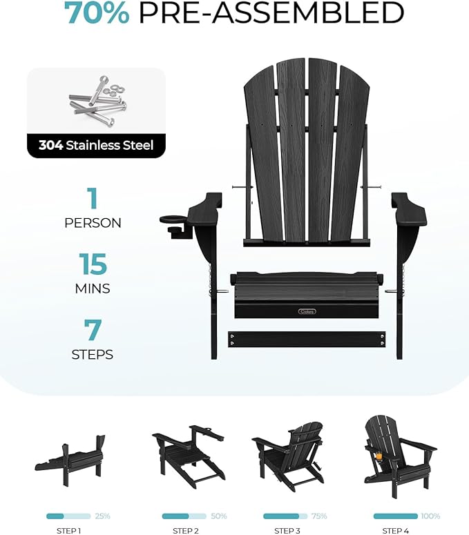 Ciokea Folding Adirondack Chair Wood Texture for Patio, Weather Resistant, Plastic Fire Pit Chair with Cup Holder, Lawn Chair for Outdoor Porch Garden Backyard Deck (Black)