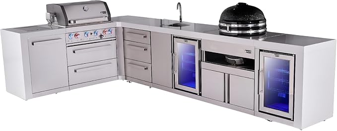 Mont Alpi Premium 4-Burner 82"x146" L-Shaped Deluxe Stainless Steel Modular Outdoor Kitchen Island BBQ Grill + Beverage Center Faucet & Sink + Refrigerator + Kamado Module + Storage Drawers & Cabinets