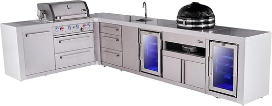 Mont Alpi Premium 4-Burner 82"x146" L-Shaped Deluxe Stainless Steel Modular Outdoor Kitchen Island BBQ Grill + Beverage Center Faucet & Sink + Refrigerator + Kamado Module + Storage Drawers & Cabinets