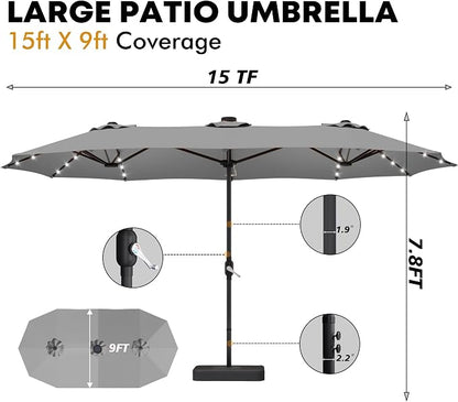15ft Double-Sided Rectangle Patio Umbrella with 36 LED Solar Lights & Base | UV50+ Weather-Resistant Outdoor Umbrella,Crank Lift,Patio Shade for Pool,Garden,Backyard,Gray