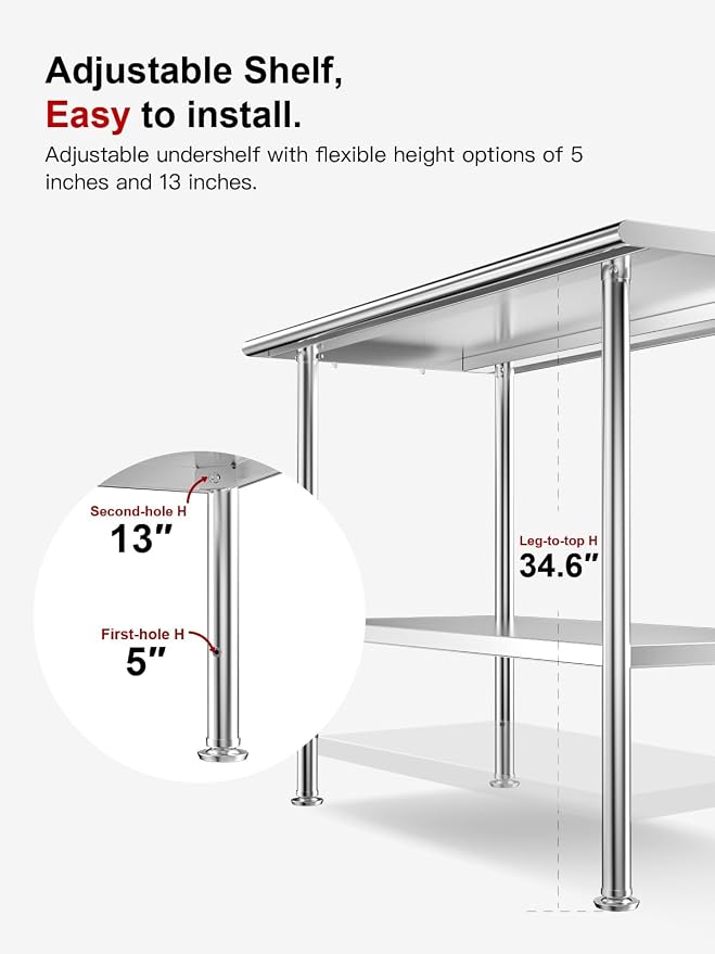 Atelicf NSF Stainless Steel Prep Table 30X48 inch, Rounded Flat Top | Commercial-grade table for restaurants, kitchens, food trucks, breweries, bars, garages, and outdoor BBQ