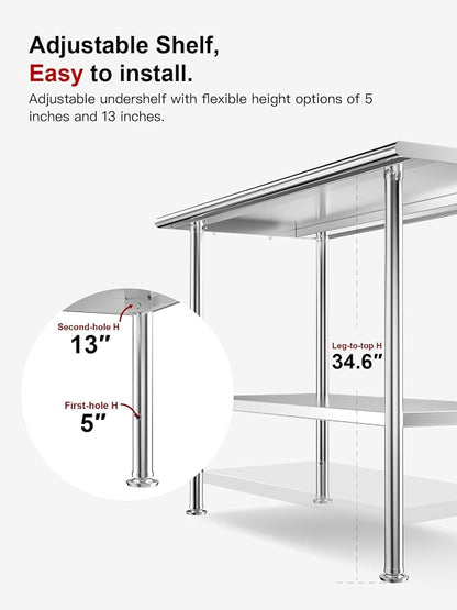 Atelicf NSF Stainless Steel Prep Table 30X36 inch, Rounded Flat Top | Commercial-grade table for restaurants, kitchens, food trucks, breweries, bars, garages, and outdoor BBQ