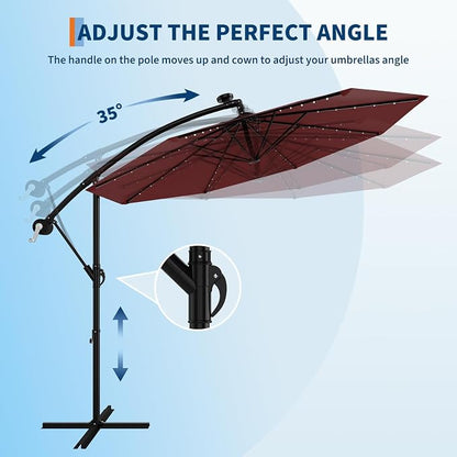 Garvee 10FT Solar Lights Offset Patio Umbrella with Cross Base, Burgundy | Cantilever Umbrella with Easy Lift & Tilt Adjustment, 8 Ribs Sun umbrella UV Protection for Backyard, Pool, Garden