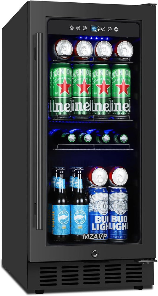 15 Inch Beverage Cooler Refrigerator, 15" Beverage Cooler Under Counter 130 Cans Beverage Fridge with Glass Door, Freestanding or Built-In Mini Drinks Fridge with Lock for Soda, Beer, Black