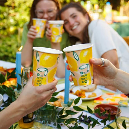 Talking Tables Recyclable Paper Party Cups for BBQ Picnics Lemon & Orange Citrus Design, | Disposable Table Decorations for Alfresco Dining Tropical Theme BBQ Essentials,Pack of 8
