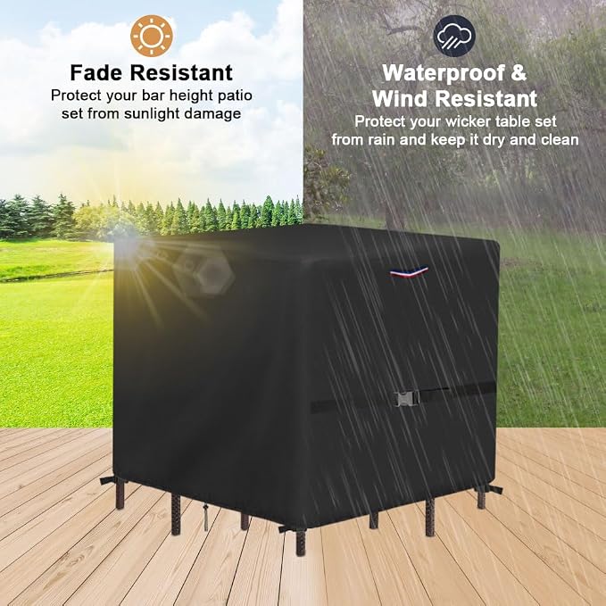 Outdoor Waterproof Wicker Table Bar Set Cover, 60"L x 60"W x 38"H | for 5 Piece Square Patio Bar Height Table & Chair Sets, Outdoor Bar Tables and Stools Sets Covers with Handle, Drawstring