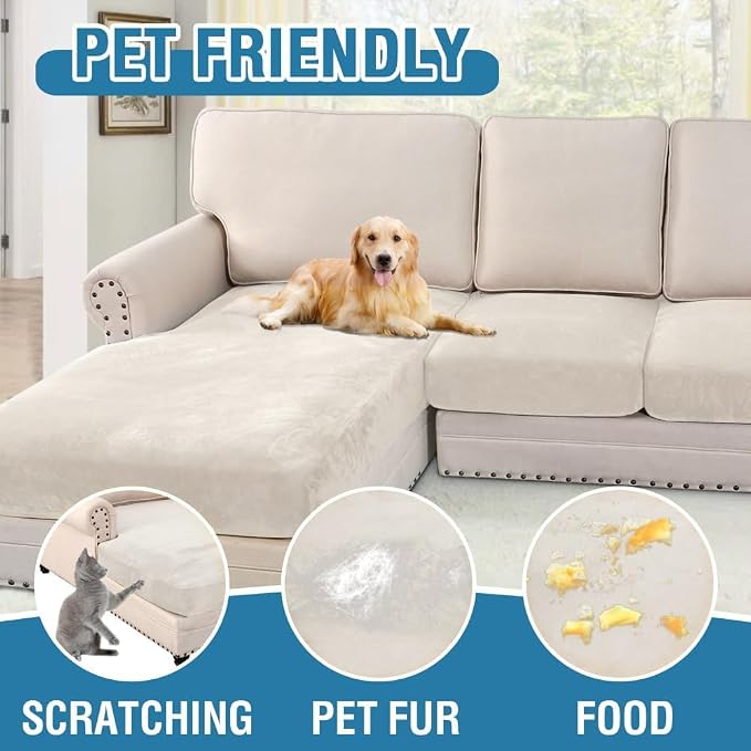 H.VERSAILTEX Velvet Stretch Sectional Couch Covers 3 Pieces Sofa Seat Cushion Covers L Shape Separate Cushion Couch Cover for Left/Right Sectional Couch(Large Sofa 2 Seater + 1 Chaise,Porcelain White)