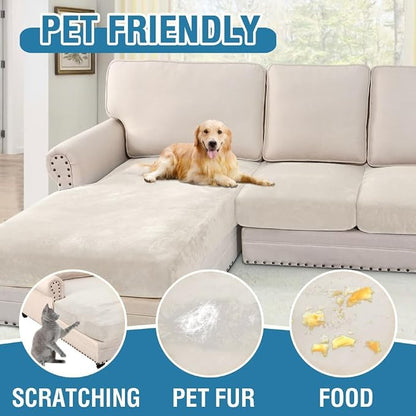 H.VERSAILTEX Velvet Stretch Sectional Couch Covers 3 Pieces Sofa Seat Cushion Covers L Shape Separate Cushion Couch Cover for Left/Right Sectional Couch(Large Sofa 2 Seater + 1 Chaise,Porcelain White)