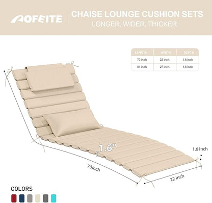 2 Sets of Outdoor Water-Resistant Olefin Chaise Lounge Cushions with Headrest and Pillow, Weather and Fade Resistant Foldable Quilted Lounge Chair Pads with Straps, Beige, 73" L x 22" W