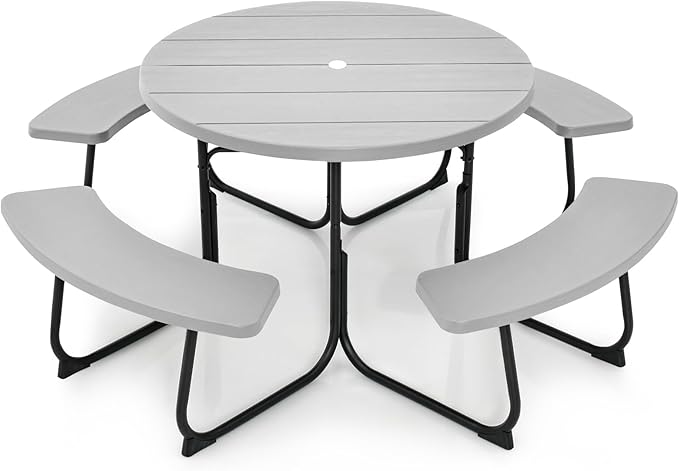 Tangkula 8 Person Picnic Table, Outdoor Round Picnic Table with 4 Built-in Benches, Umbrella Hole, Metal Frame & HDPE Tabletop, Outside Table and Bench Set for Backyard, 2300lbs Weight Capacity
