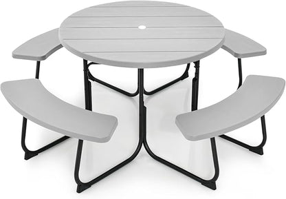 Tangkula 8 Person Picnic Table, Outdoor Round Picnic Table with 4 Built-in Benches, Umbrella Hole, Metal Frame & HDPE Tabletop, Outside Table and Bench Set for Backyard, 2300lbs Weight Capacity
