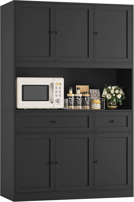 BOTLOG 72" Kitchen Pantry Cabinet Microwave Stand, 10 Storage Compartments | 2 Drawers, Large Capacity, 47.2-inch wide Countertop, Kitchen Hutch utch for Dining Room (Black)