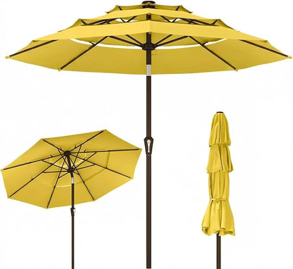 Kingdura 9ft 3-Tier Patio Umbrella, Outdoor Table Umbrella with Easy Crank & Tilt, 8 Reinforced Ribs, UV Protection for Deck, Pool, Market, Backyard (Yellow)
