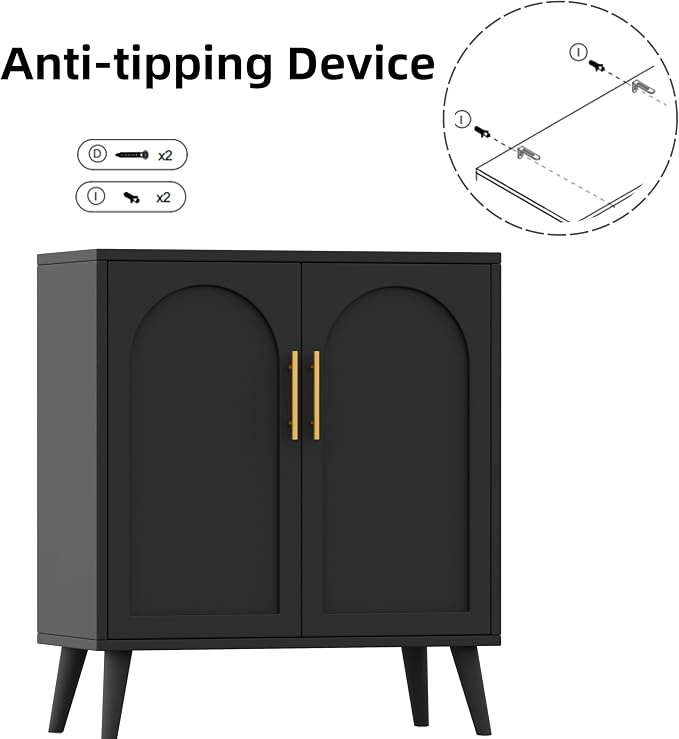 Keehusux 15.7" D Black Storage Cabinet with 2 Doors & Adjustable Shelf | Accent Buffet Sideboard Solid Wood Legs, Coffee Bar, Modern Floor Storage Cabinet for Kitchen, Living Room