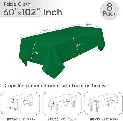 8 Pack Green Rectangle Table Cloth 60 x 102 Inch For 6 Foot Tables | Wrinkle Resistant Tablecloth, Washable Polyester Fabric, Rectangular Tablecloth for Wedding Party Banquet Buffet