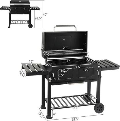 Charcoal Grill Outdoor BBQ Grill, Extra Large Cooking Area with Two Individual & Adjustable Charcoal Doors, Foldable Side Tables for Outdoor Cooking, Backyard, Camping, Picnics