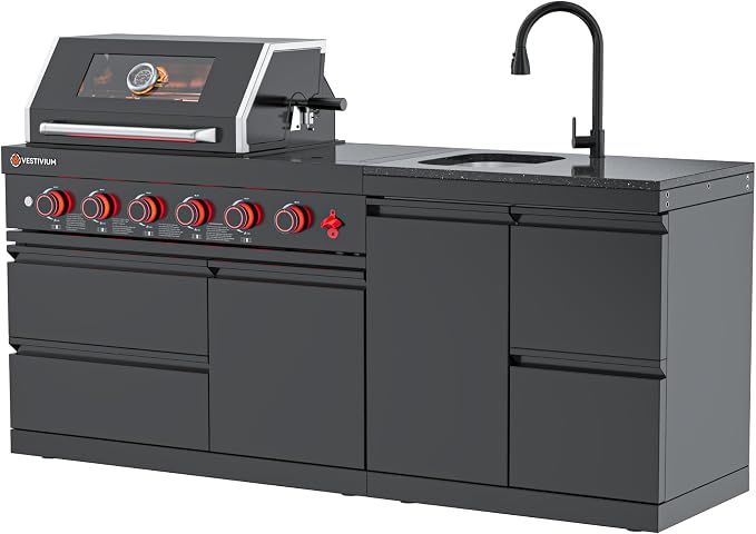 SERA C 4-Burner Propane Outdoor Kitchen Compact Patio Black | Black 304 stainless steel, 75,300 BTU + side burner, pull-out sink with drawers, soft-close, locking caster, balcony backyard