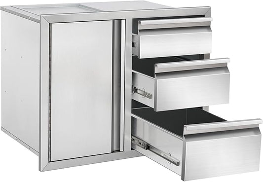 Outdoor Kitchen Drawer Combo Cabinet Stainless Steel Triple Drawers & Access Door, 28" W x 22" H x 19.5" D, Multi-Layer Design with Partition, Perfect for BBQ Grill Station