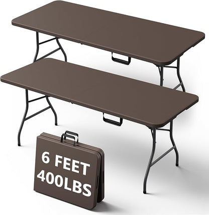 6FT Folding Table, Heavy Duty Plastic Fold-in-Half Utility Table with Handle, Portable Camping Picnic Table with Steel Legs for Indoor Outdoor Party, Dining, Brown,2 Pack
