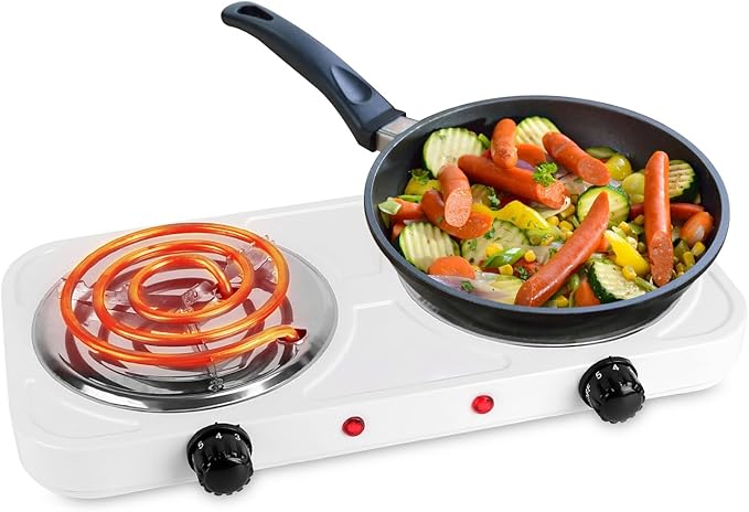 2000W Electric Double Burner Portable Coil Heating Hot Plate Stove Countertop RV Hotplate with Non Slip Rubber Feet 5 Temperature Adjustments