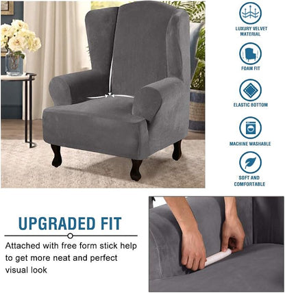H.VERSAILTEX Wingback Chair Covers Velvet Plush Wing Chair Slipcover 1 Piece High Stretch Wing Back Chair Slipcovers Sofa Cover Furniture Cover with Elastic Bottom, Grey