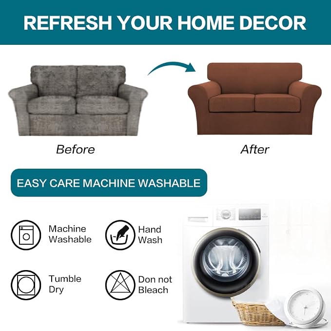 Turquoize 3 Piece Sofa Covers for 2 Cushion Couch Sofa Slipcover Soft Couch Cover for Dogs-Washable Sofa Furniture Covers with 2 Individual Cushion Covers (2 Cushion Sofa, Caramel)