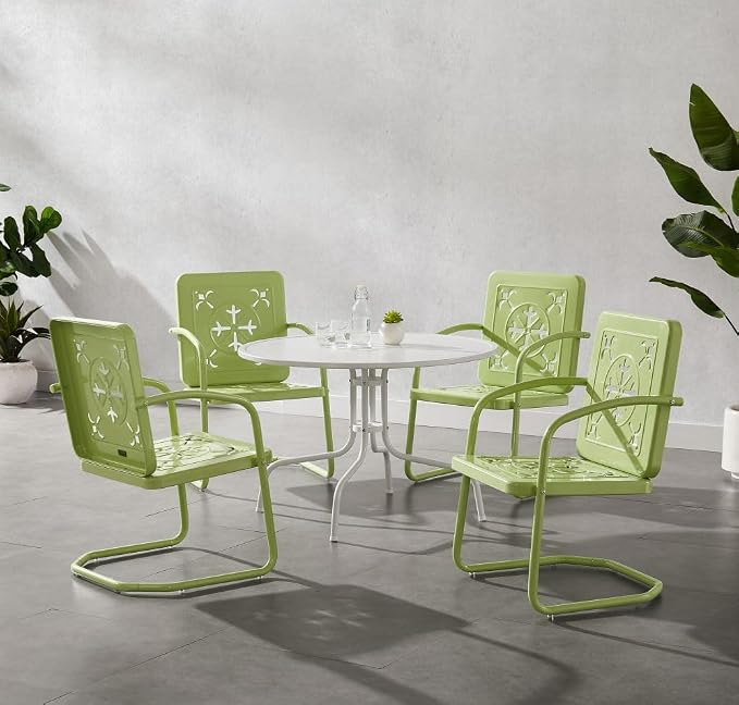 Crosley Furniture Azalea 5-Piece Vintage Outdoor Dining Set for 4, Retro Metal Round Patio Table and Chairs, Key Lime Gloss/White Satin