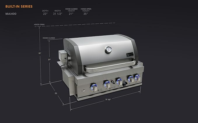 Mont Alpi Premium 32"W x 23"D x 21"H Stainless Steel 4-Burner 63000 BTUs Outdoor Kitchen Kitchen Island Heavy Duty Propane Built-in BBQ Grill Head with Infrared Rear Burner + Rotisserie Kit + Cover