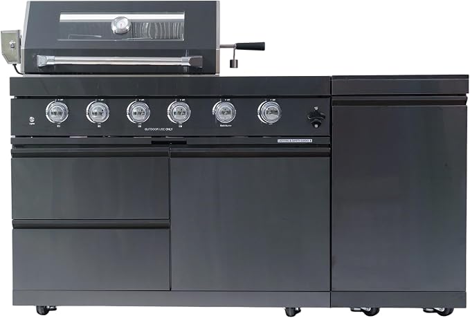 65.35-Inch 4-Burner 72000 BTU Stainless Steel Propane Gas Outdoor Kitchen Island Grill with Rotisserie Kit Round Side Burner Granite Countertops for Backyard Cooking, Black