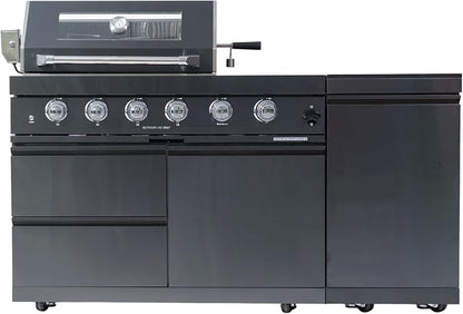 65.35-Inch 4-Burner 72000 BTU Stainless Steel Propane Gas Outdoor Kitchen Island Grill with Rotisserie Kit Round Side Burner Granite Countertops for Backyard Cooking, Black