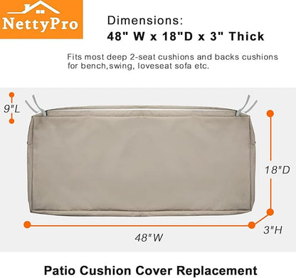 NettyPro Outdoor Bench Swing Loveseat Cushion Covers, Patio Furniture Cushion Slipcovers with Zipper, Water Resistant UV Protection, Replacement Cover Only, 48 x 18 x 3 Inch