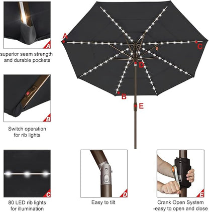 EliteShade USA 10-Year-Non-Fading 9ft 3-Tier Market Patio Umbrella, Commercial Table Umbrella with 80 Solar LED Lights, Crank Open, Windproof & UPF 50+ UV Protection for Garden, Deck, Pool, Backyard, Black