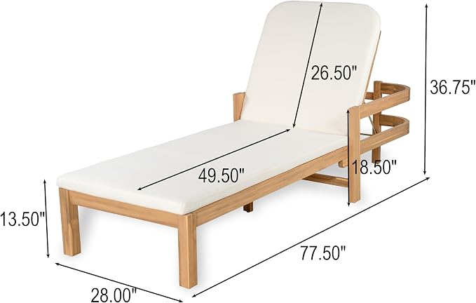 Christopher Knight Home Kayas Acacia Wood Chaise Lounge with Adjustable Backrest, 77.5" Outdoor Sun Lounger with Cushion, Modern Patio Lounger Recliner Chair for Poolside Lawn, Light Teak+Cream,1PCS