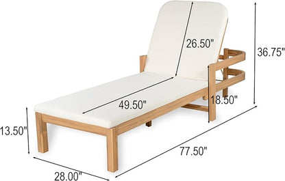 Christopher Knight Home Kayas Acacia Wood Chaise Lounge with Adjustable Backrest, 77.5" Outdoor Sun Lounger with Cushion, Modern Patio Lounger Recliner Chair for Poolside Lawn, Light Teak+Cream,1PCS