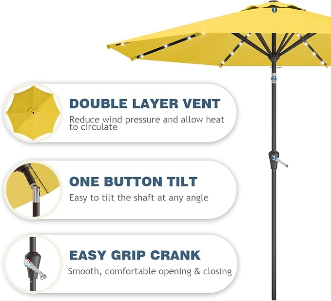 9FT Patio Umbrella with Solar Lights,Outdoor Market Umbrella with Tilt and Crank, LED Lighted Table Umbrella for Garden,Deck,Backyard,Pool,Beach (Yellow)