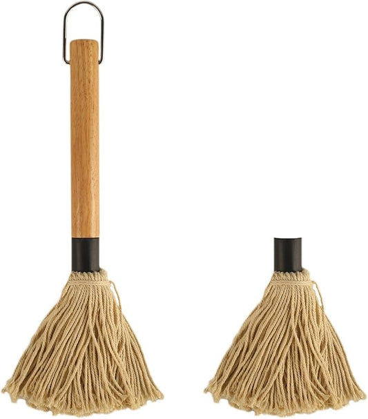11.2 Inch BBQ Mop Brushes for Sauce, Grill Basting Mop Wooden Long Handle BBQ Mop with 1 Extra Replacement Heads for BBQ Grilling Smoking Steak