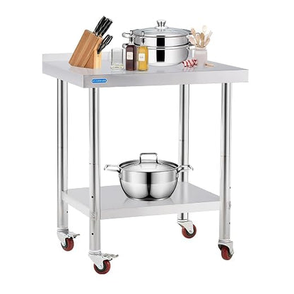 KUARBARR Stainless Steel Table for Prep & Work with 4 Caster Wheels with Backsplash 24 x 30 NSF Metal Commercial Kitchen Adjustable Under Shelf Worktable for Restaurant Home Outdoor