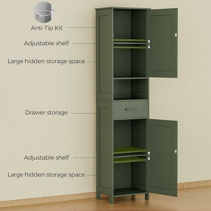 Homhedy 67" H Tall Bathroom Storage Cabinet with Barn Doors and Drawer | Narrow Storage Unit with Adjustable Shelves, Floor Cabinet for Bathroom, Living Room, Entryway or Kitchen, Green, 15.7" W