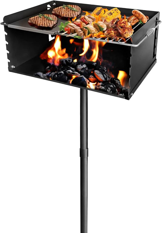 Heavy Duty Park-Style Charcoal Grill, 360° Swivel BBQ Grill with Adjustable Grates and Plate, Rustproof 25x17 Inch Cooking Surface, Perfect for Backyard, Camping, and Commercial Use,Black.