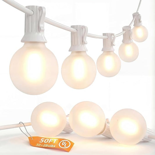 SUNSGNE White String Lights Outdoor, 50FT White Outdoor Lights with 52 G40 LED Frosted Shatterproof Bulbs(2 Spare) for Balcony Patio Tent Backyard Bistro Cafe Christmas Decor