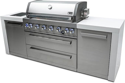 Mont Alpi Premium 94"W x 23"D Deluxe Stainless Steel Modular Outdoor Kitchen Island with Infrared Side Burner + 44"W 6-Burner BBQ Gas Grill + White Granite Countertops + Storage Cabinets & Drawers