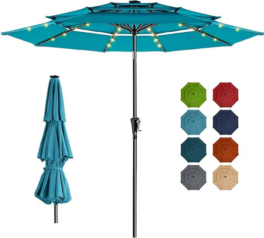 HOMSHADE 9FT 3-Tier Solar Patio Umbrella,Vented Market Table Umbrella Windproof w/32 LED Lights, UPF50+, 5-Year Fade Resistant, 8 Thicker Ribs for Pool, Lawn, Garden, Deck (Light Blue)